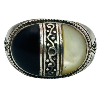 Sterling Mother Of Pearl Onyx Ring Sz 5.5