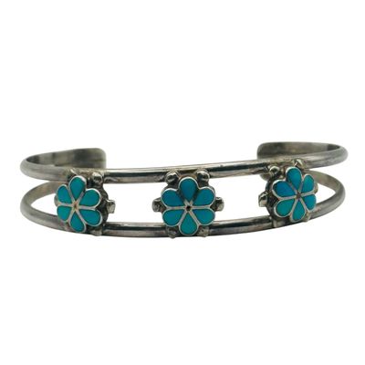 Zuni Native Sterling Inlay Turquoise Cuff Bracelet