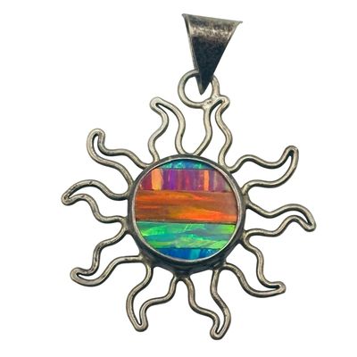 Taxco Mexico Sterling Inlay Opal Sun Pendant