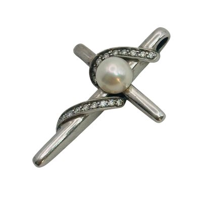 Signed Sterling Pearl Diamond Cross Pendant