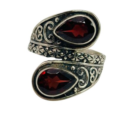 Signed Sterling Garnet Bypass Ring Sz 7