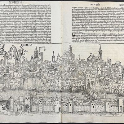 Schedel, pub. 1493 - View of Basel, Switzerland / Verso: Religious & Historic Figures