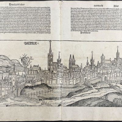 Schedel, pub. 1493 - View of Wroclaw, Poland (Bressla (Breslau)) / Verso: Religious & Historic Figures