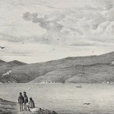 Dumont, Australia - Observatoire de l'Astrolabe au port du Roi Georges, vu de la presqui'ile Possession (Nouvelle Hollande)