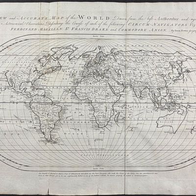 Harris - Map of the World featuring the voyages of Magellan, Drake, and Anson