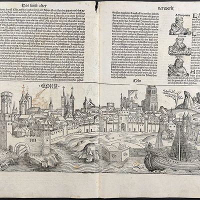 Schedel, pub. 1493 - View of Cologne (Koln), Germany / Verso: Lineage Chart; Partial View of Augsburg (Augusta), Germany
