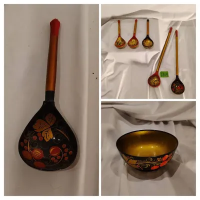 Vintage Russian Khokloma Spoons And Bowl