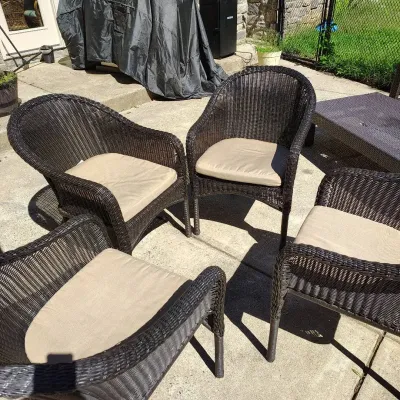 Four Espresso Brown Woven Patio Chairs