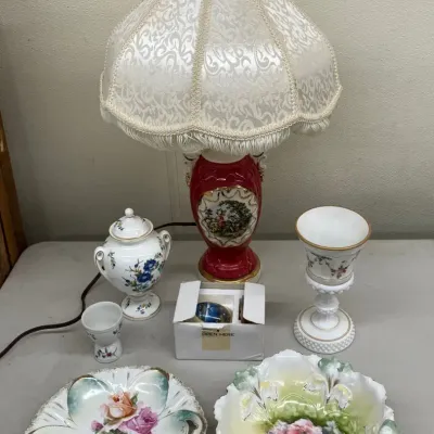 Vintage Porcelain Table Lamp, Westmoreland Glass, Danbury Mint Porcelain Egg, and More 