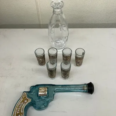 Glass Revolver Tequila Bottle with 6 Matching Shot Glasses and Towle Crystal Decanter 