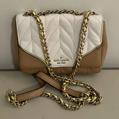 Kate Spade White and Tan Quilted Crossbody Bag with Gold Chain