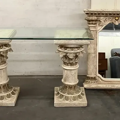 Column Base Glass Top Entryway Table and Mirror 
