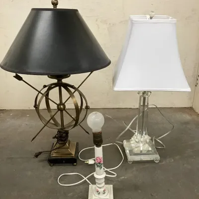 Chris Madden Armillary Table Lamp, Small Floral Accent Lamp, & Lowe's Portfolio Crystal Column Lamp
