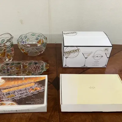 Mikasa Glass, Crystal Relish Tray, and Lenox Martini Glasses and Cheese Board