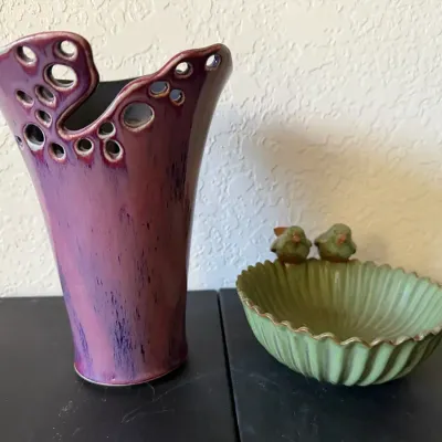 Peone Creek Pottery Vase Purple, Ceramic Bird Feeder Dish 