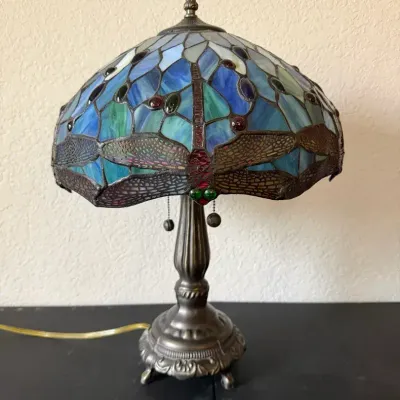 Stained Glass Tiffany Style Faux Lamp Dragonflies 