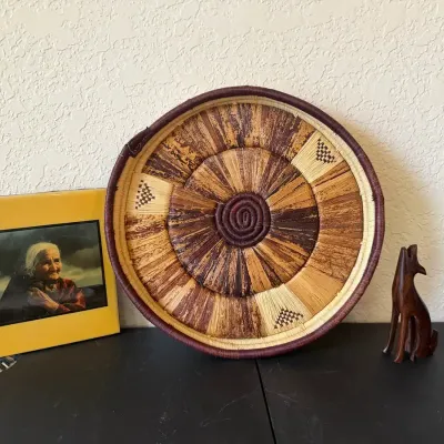 Woven Tri Color Basket Bowl, Tile Apache Woman Wall Art Beads, Ironwood Wolf 