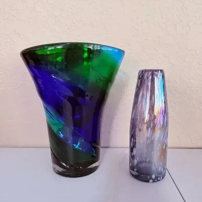 Cobalt Blue Swirl Art Vase, Hand Blown Iridescent Swirl Bud Vase 
