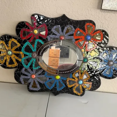 Handcrafted Mosaic Wall Oval Mirror & Flowers 