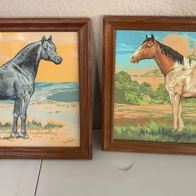 2 Handcrafted Framed Horses Art 