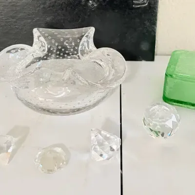 Controlled Bubble Clear Trinket Dish, Square Trinket Dish Green Etch Leaves