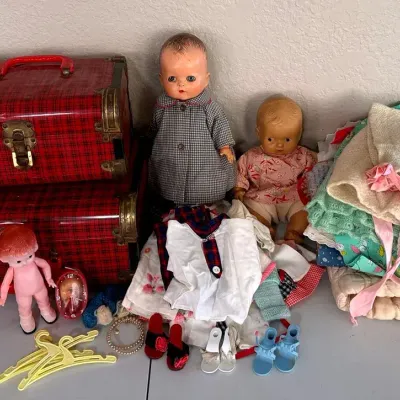 Baby Dolls Various & Handmade Clothes, 2 Doll Trunks, Liddle Kiddle Watch Doll