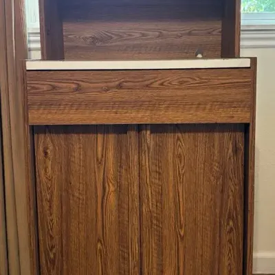Vintage Laminate Wood Microwave Cart With Storage Cabinet On Wheels 