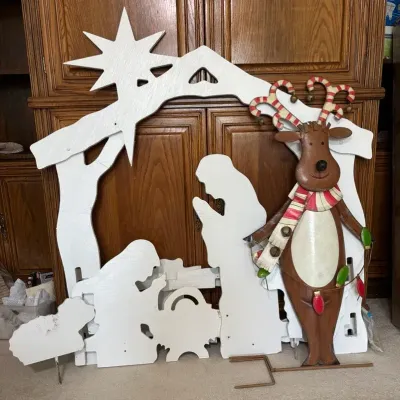 48” Painted Wooden Outdoor Nativity & Metal Reindeer Yard Decoration 