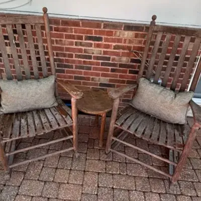 2 Vintage Wood Rocking Chairs with Round Wood Side Table 