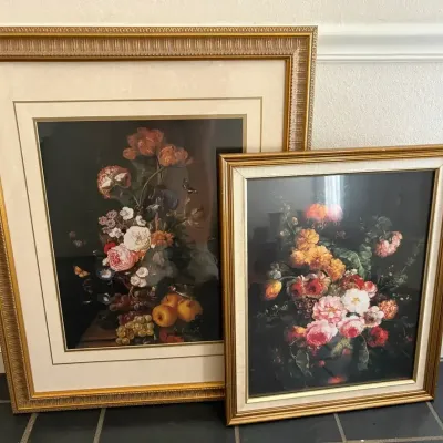 Dark Floral Still Lives with Gold Frames