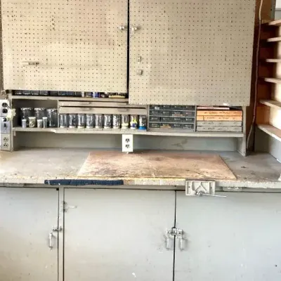 Tool Bench and Assorted Containers of Hardware