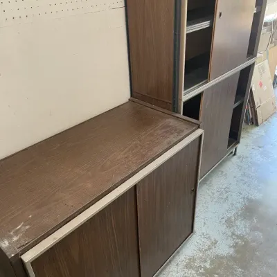 Two Matching Wood Veneer & Metal Trim Storage Cabinets