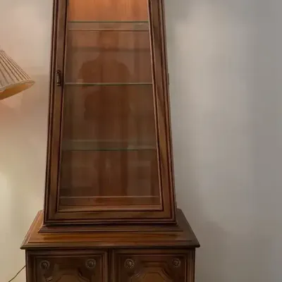 Vintage Wood Lighted Curio Cabinet w/ Burl Wood Accents