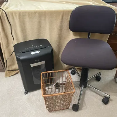 Ativa Paper Shredder, Small Rollie Office Chair, Cane Trash Bin