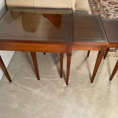Vintage Midcentury Set of Three Wood Nesting Side Tables w/ Custom Glass Tops