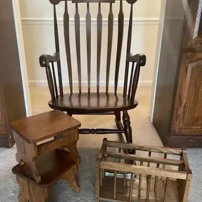 Vintage Nichols & Stone Solid Wood Rocking Chair, Handmade Wooden Magazine Rack & Stools