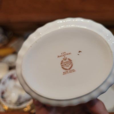 Minton bone china maker's mark on the underside of an "Ancestral" pattern piece, made in England.
