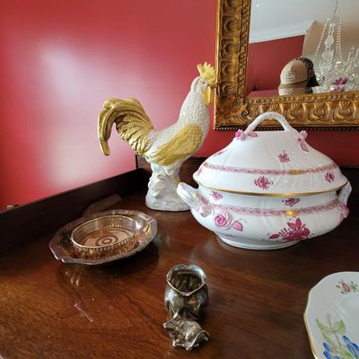 Vintage Italian ceramic rooster figurine with gold accents, displayed alongside a Herend-style porcelain tureen featuring pink floral...
