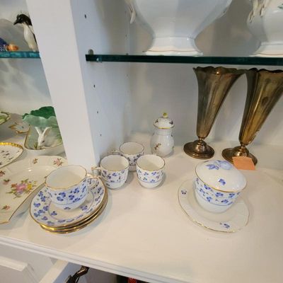 Vintage Herend porcelain tea set in the 'Princess Victoria Blue' pattern, featuring delicate blue floral motifs and gold trim,...