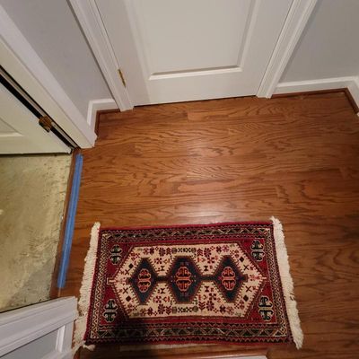 Small Persian-style accent rug featuring geometric medallions in red, navy blue, and cream with fringed edges.