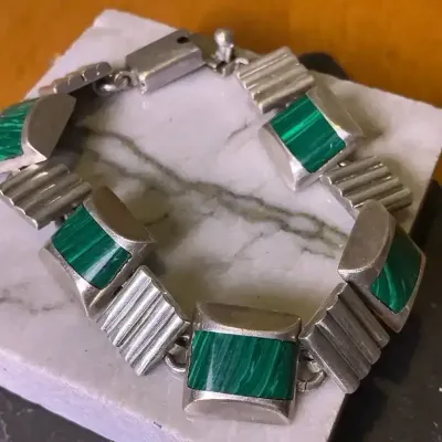 Sterling Silver Malachite Taxco Modernist Bracelet 