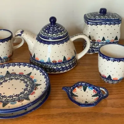 Ceramika Bona Holiday Drive Polish Pottery Teapot, Cups, Canister, & Plates