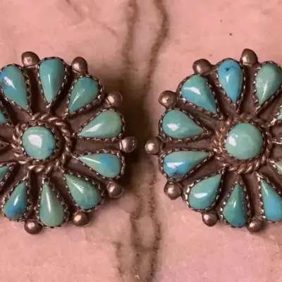 Sterling Turquoise Petit Point Zuni Phyllis Coonsis Clip Earrings 