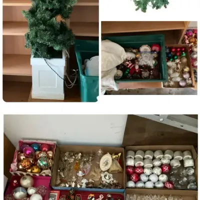 Assorted Christmas Ornaments, Trees, Department 56 House, And More