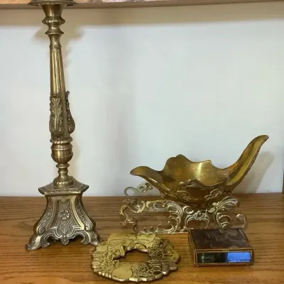 Brass Candlestick, Sleigh, Trivet, & Box