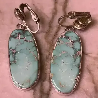 Lawrence Baca Sterling Turqoiuse Clip On Dangle Earrings 