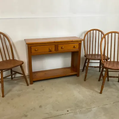 Wood Console Table with Three Windsor Chairs