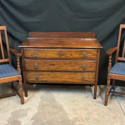 Wood Three Drawer Chest with Two Chairs 