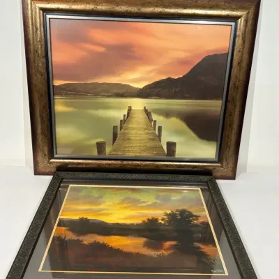 Framed Lake & Sunset Landscape Artwork