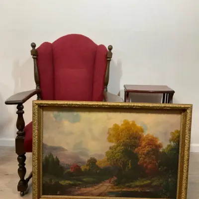Upholstered Wood Armchair with Framed Landscape Art